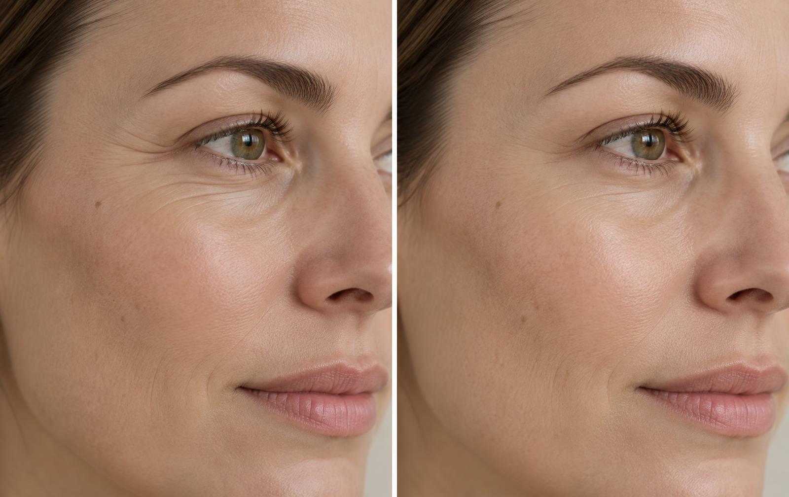 Conceptual editorial comparison of the same woman's natural facial skin texture around the eye and upper cheek