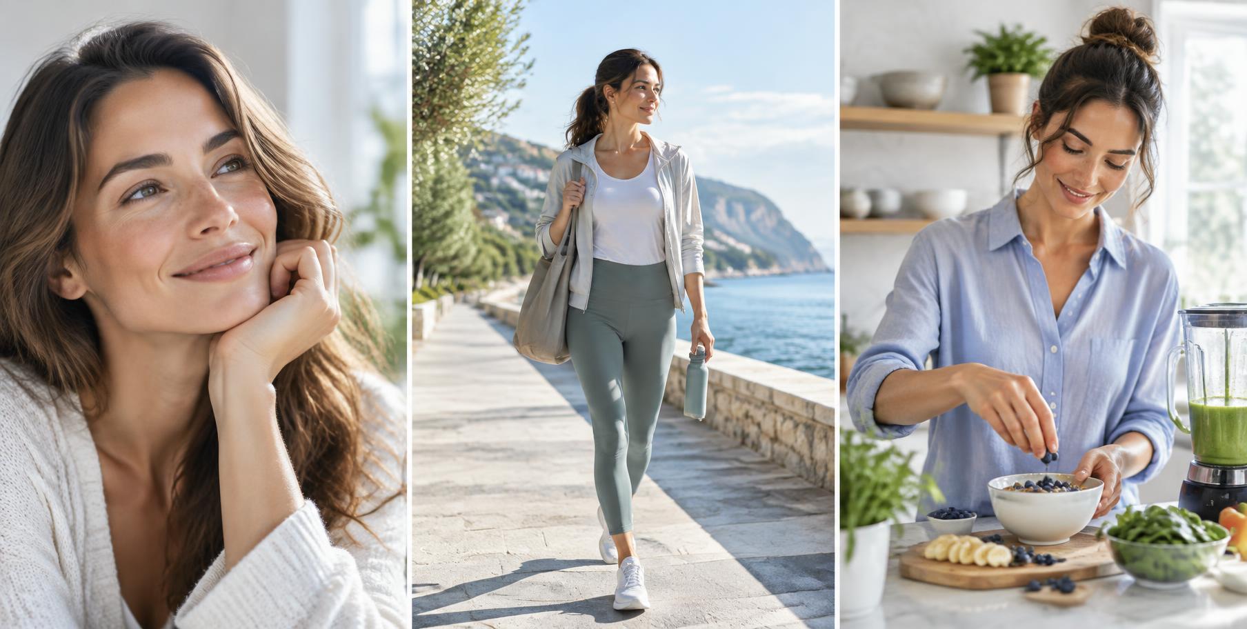 Healthy-looking skin and hair in natural morning light